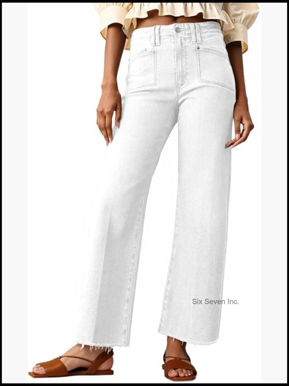 High Waisted Cropped Jeans Stretchy Baggy Straight Leg Raw Hem Capri Denim